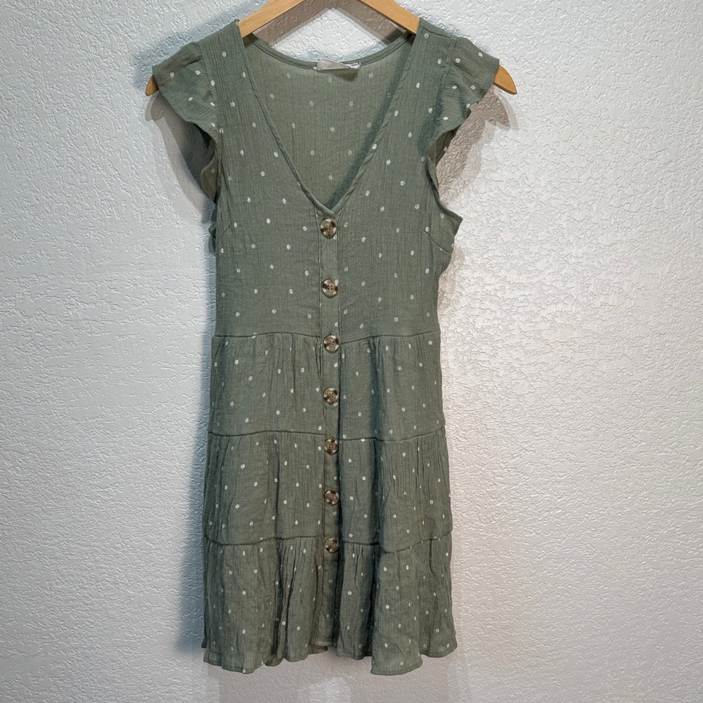 Altar'd State Women's Small Green‎ Polka Dot Button-Down Ruffle V-Neck Dress
